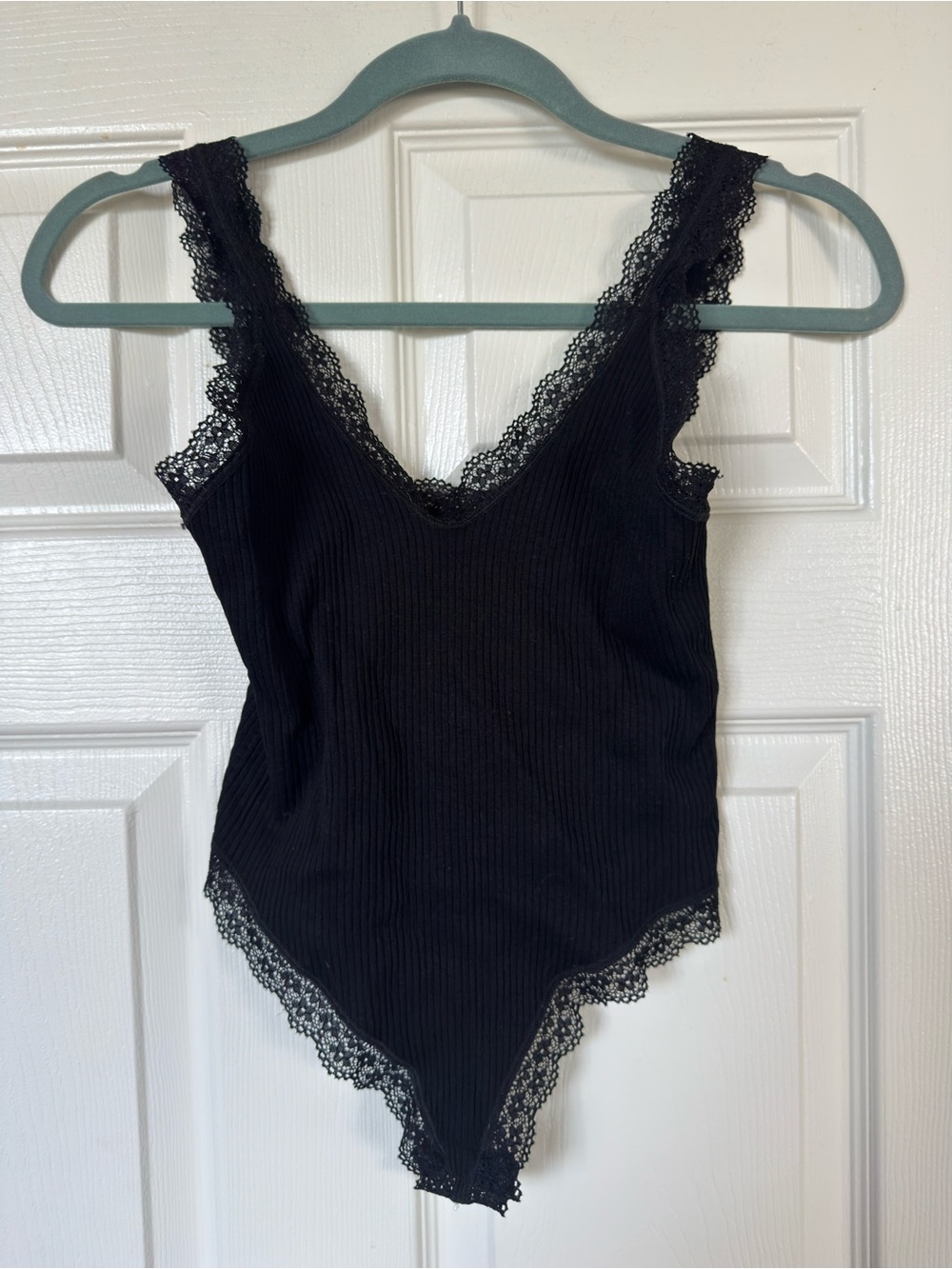 BDG Lace-Trim Ribbed V-Neck Bodysuit - Black